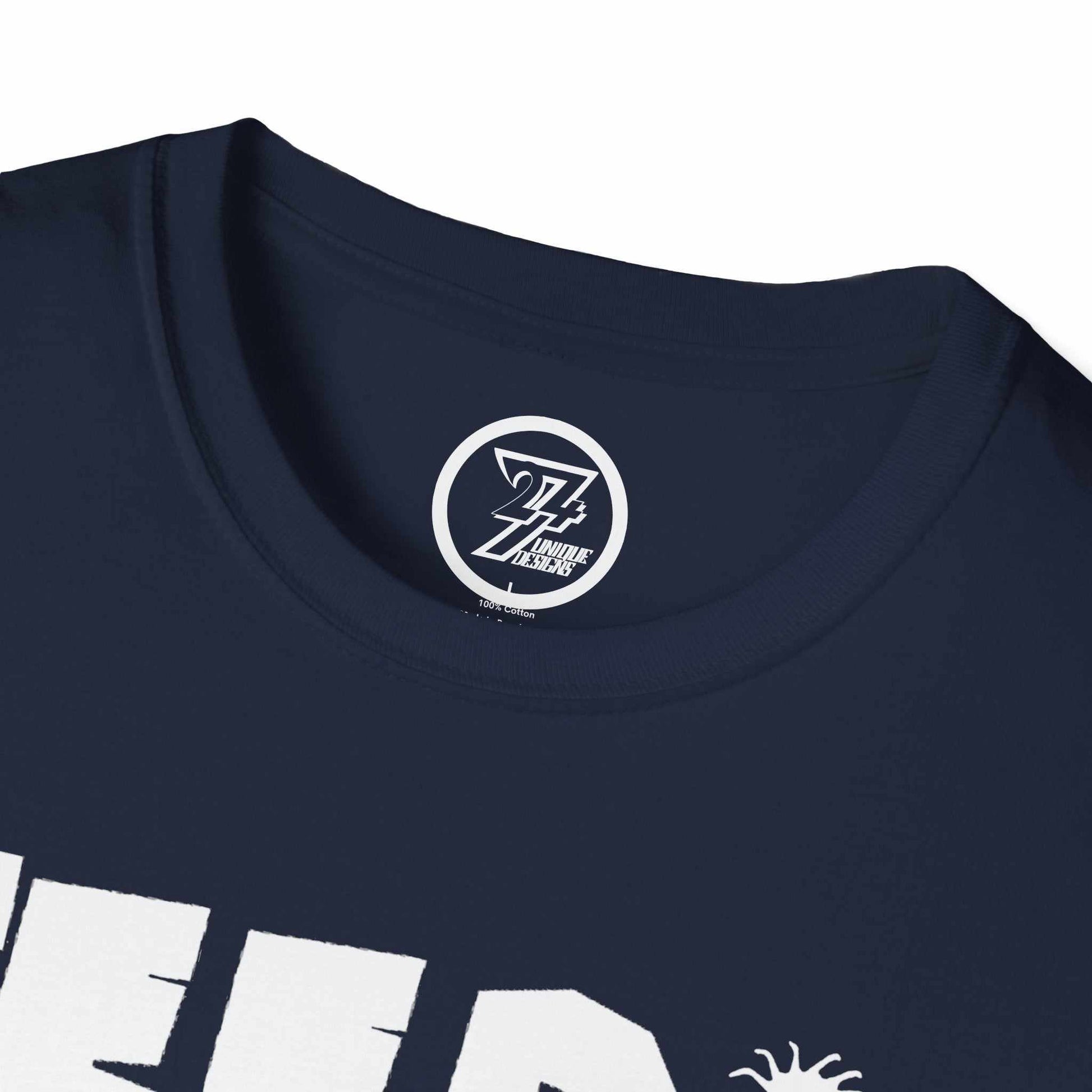 Close-up of the shape-retaining ribbed knit neckline on the navy alternative graphic t-shirt, highlighting the robust construction.