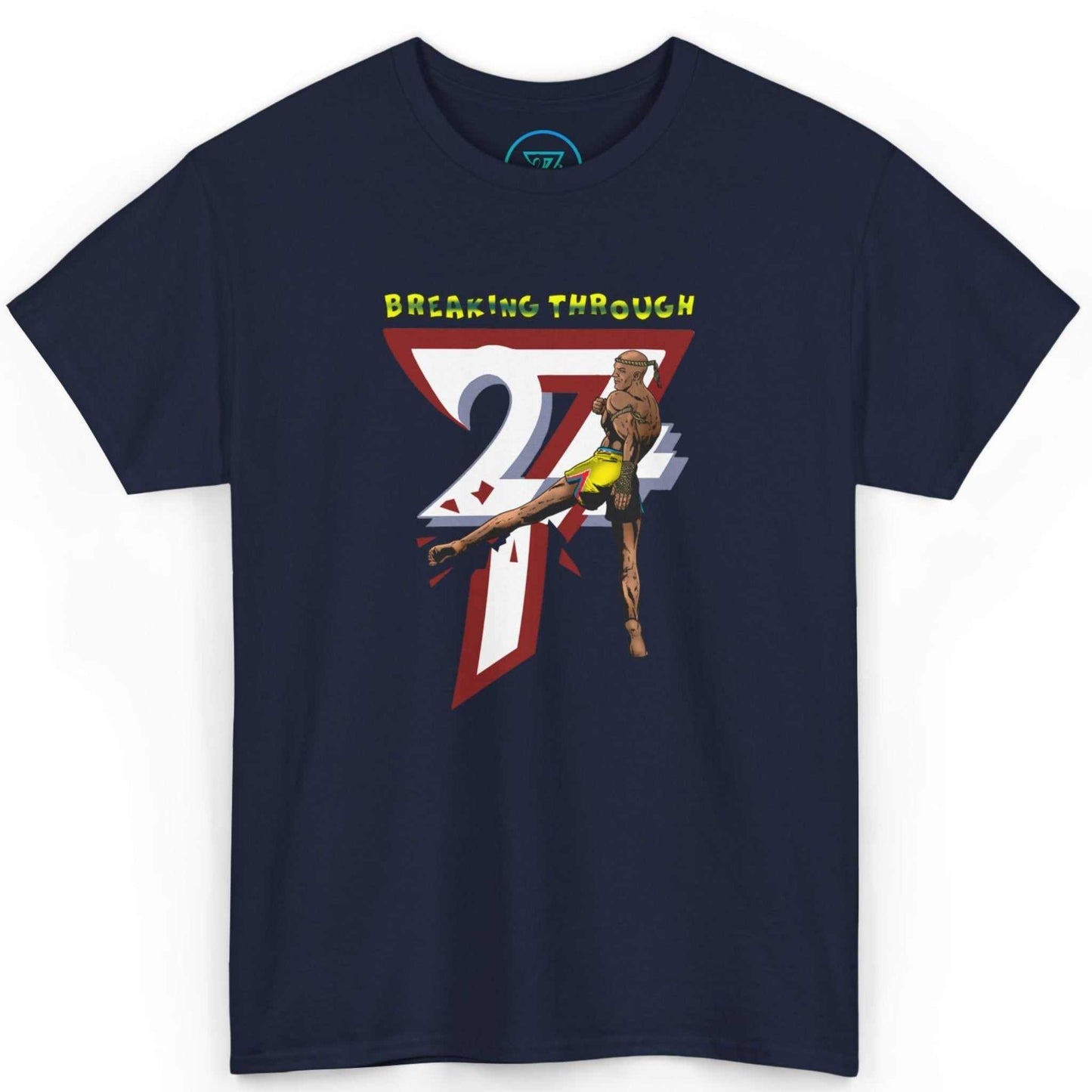 Front view of a deep navy blue art of eight limbs tee showcasing the comic book style action graphic, shown on a clean background.