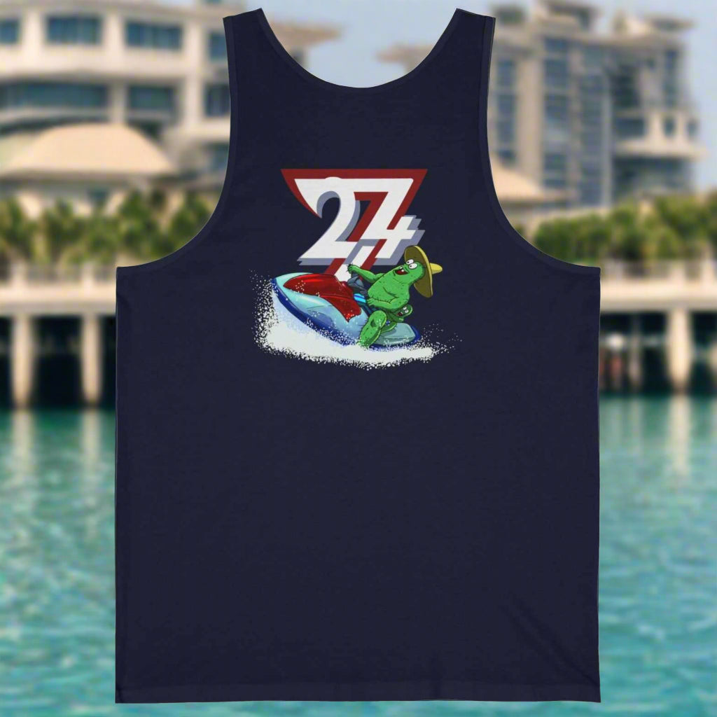 Back View of Dark Navy Beach Tank Top - Hand-drawn Summer Vacation graphic.
