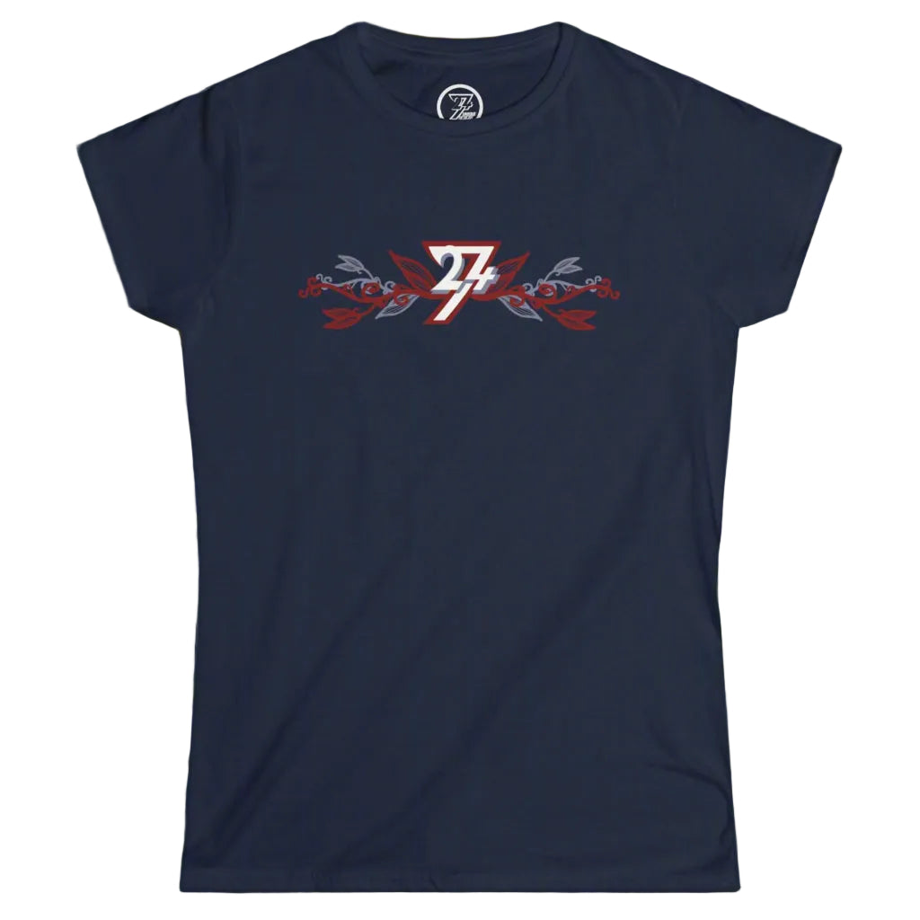Dark navy blue women's ageless style t-shirt displaying a unique botanical graphic.