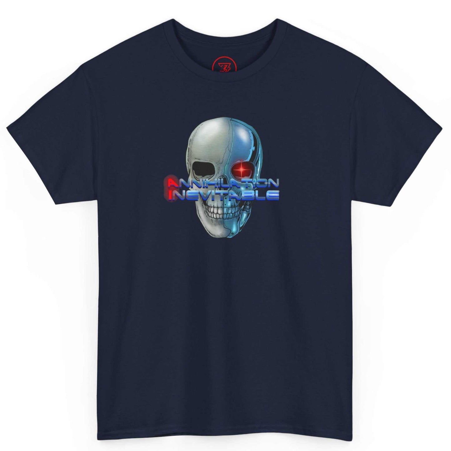 Solid navy blue anti AI protest tee displaying the Annihilation Inevitable text and glowing red eye.