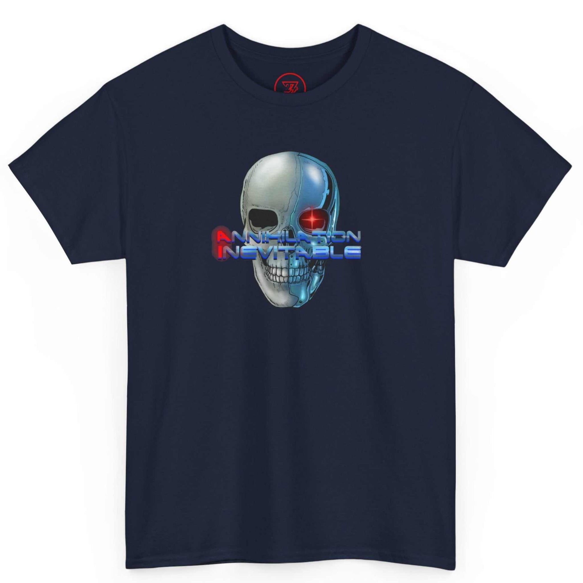 Solid navy blue anti AI protest tee displaying the Annihilation Inevitable text and glowing red eye.