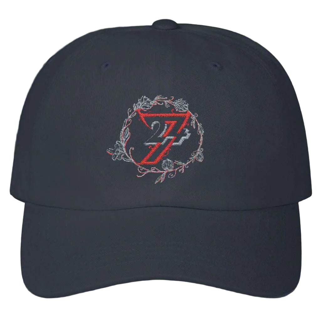 Navy blue boutique everyday headwear with detailed, human-drawn flower pattern embroidery.