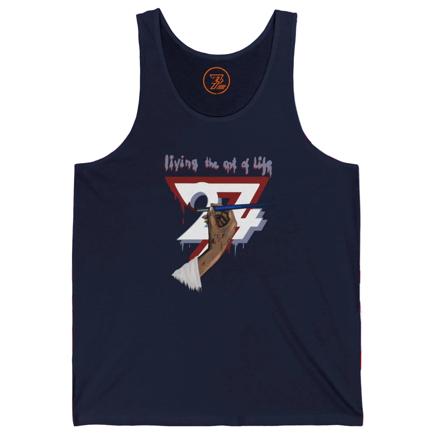Dark navy blue creative jersey for women with a detailed paintbrush and text illustration.