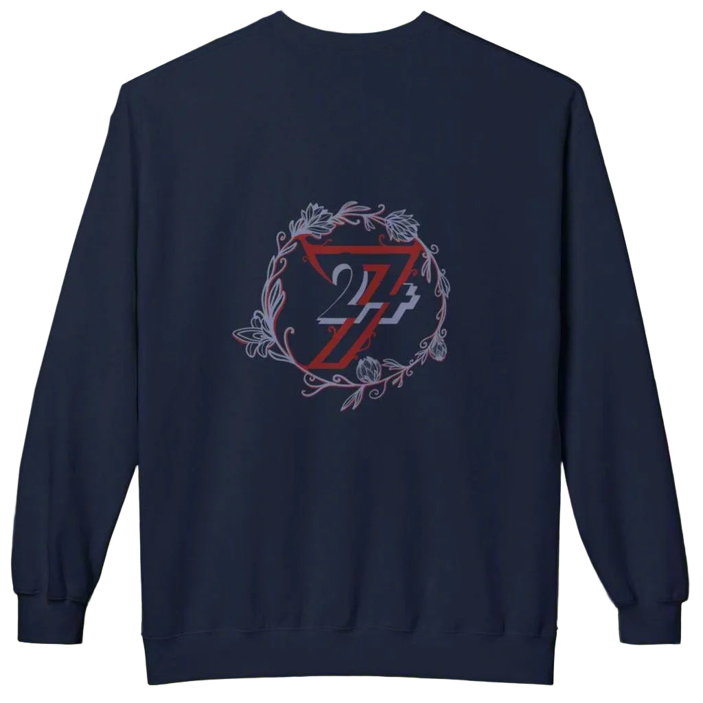 Back side of a navy blue women's crewneck displaying a large hand-drawn flower graphic.