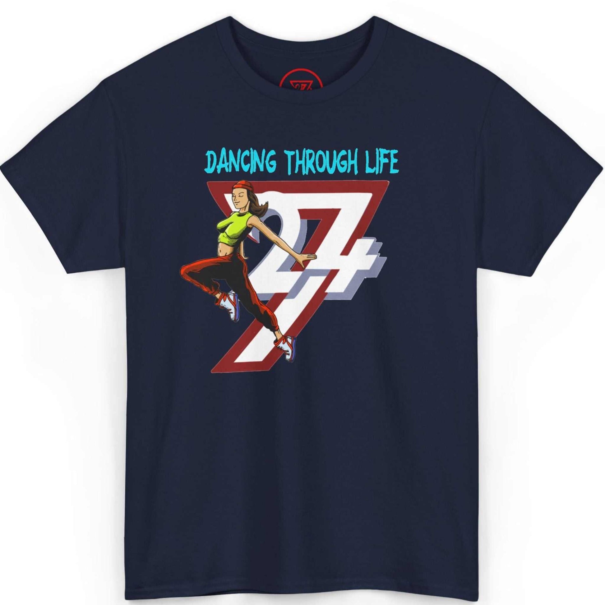 Front view of a deep navy blue cypher session apparel shirt highlighting the hand-drawn street dance art, displayed on a clean background.
