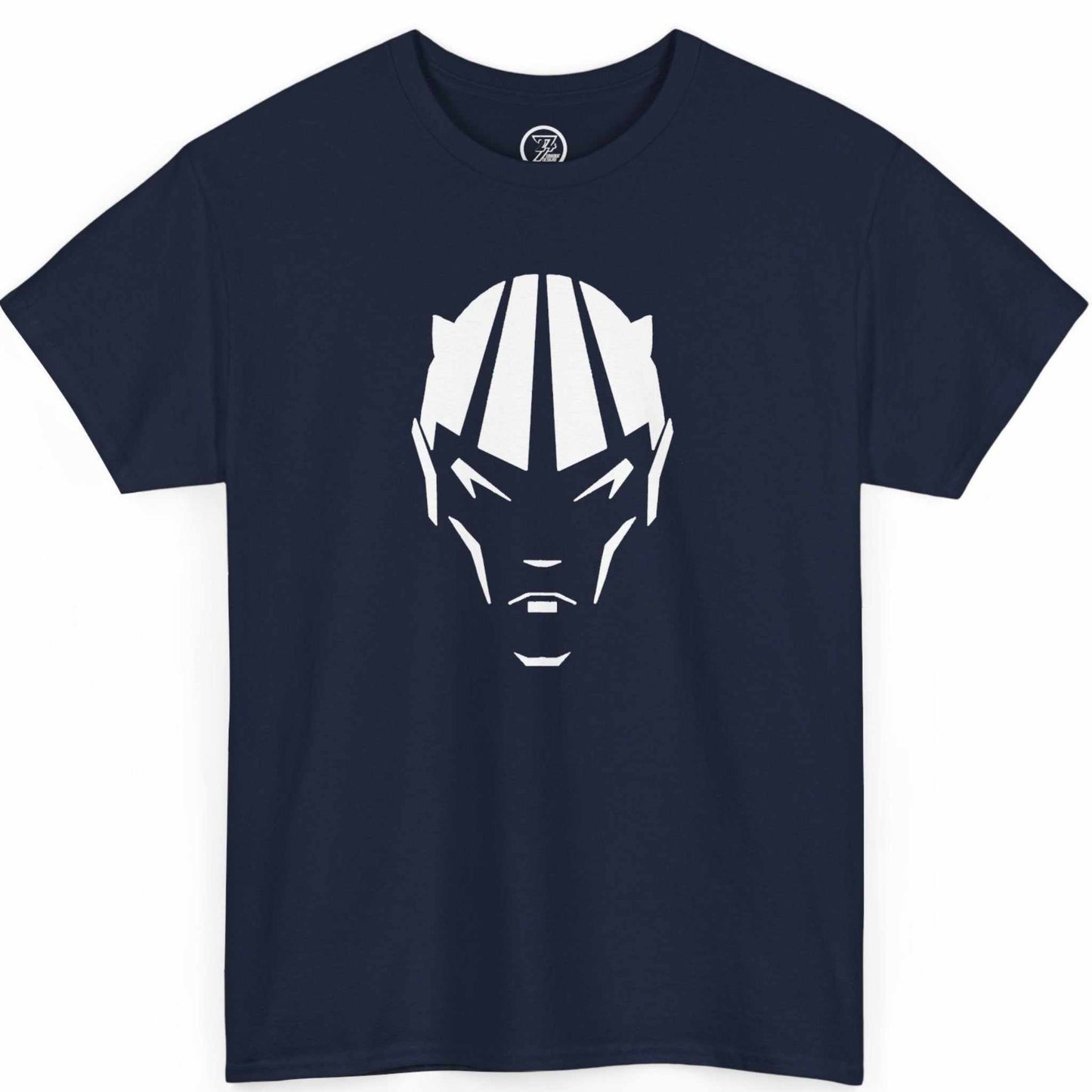 Navy blue devil face graphic tee showcasing the high-contrast vector face artwork, laid flat.