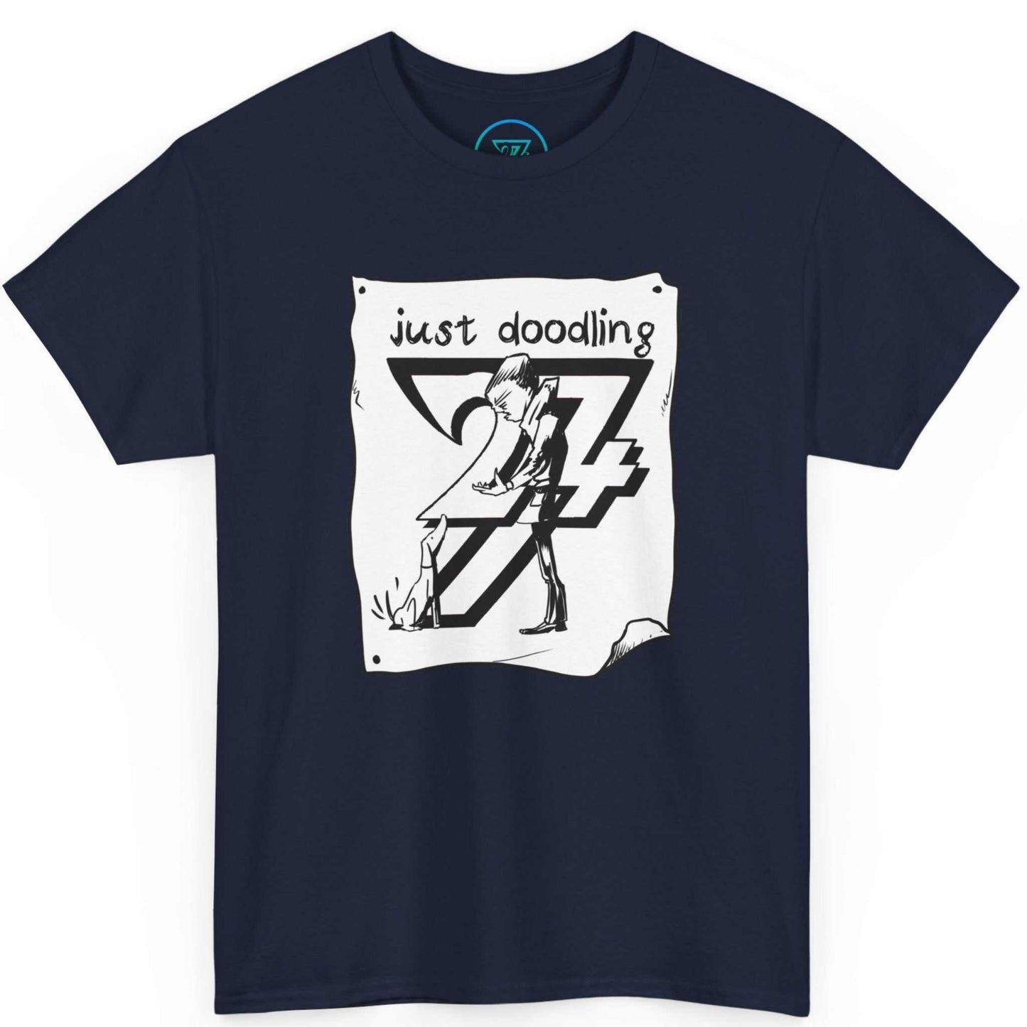 Deep navy blue dog and owner cartoon shirt showcasing the bold monochrome graphic, laid flat.