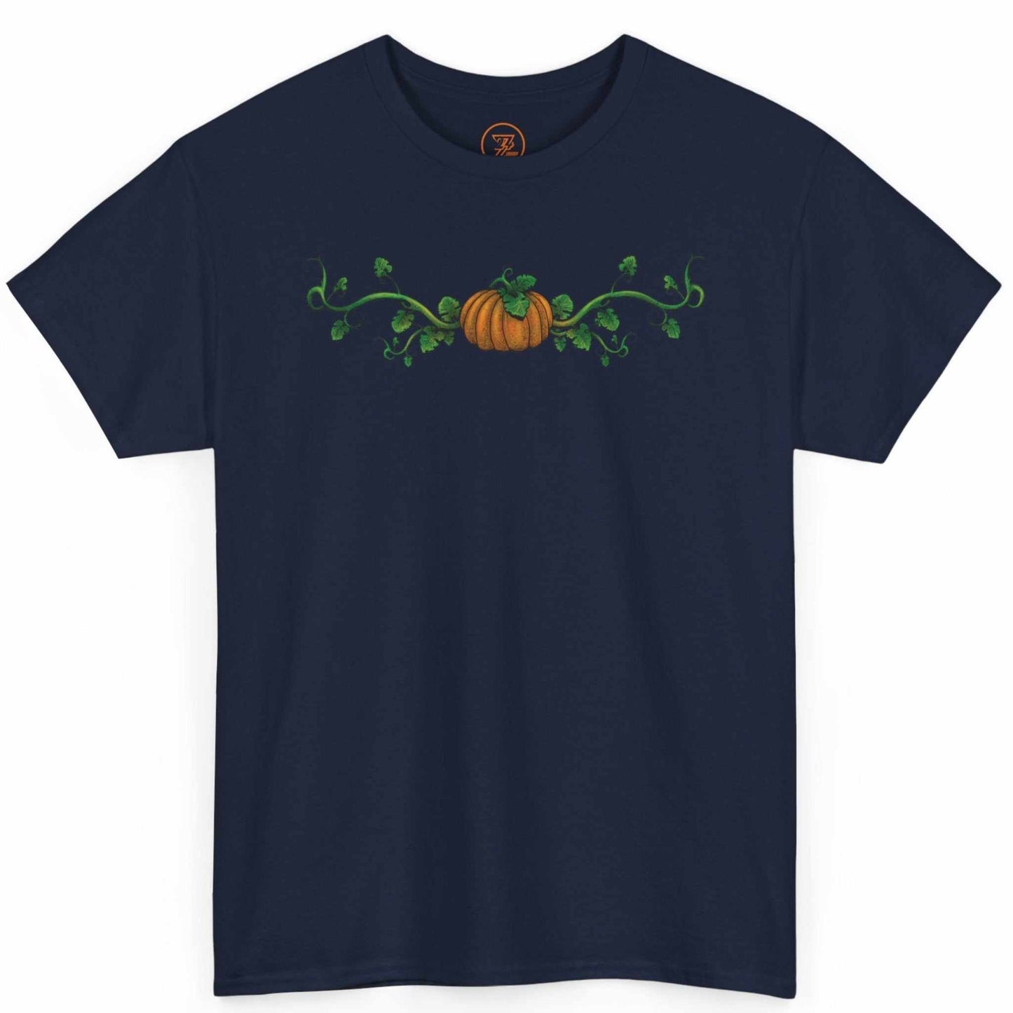 Navy blue everyday wear shirt showcasing the horizontal pumpkin vine graphic.