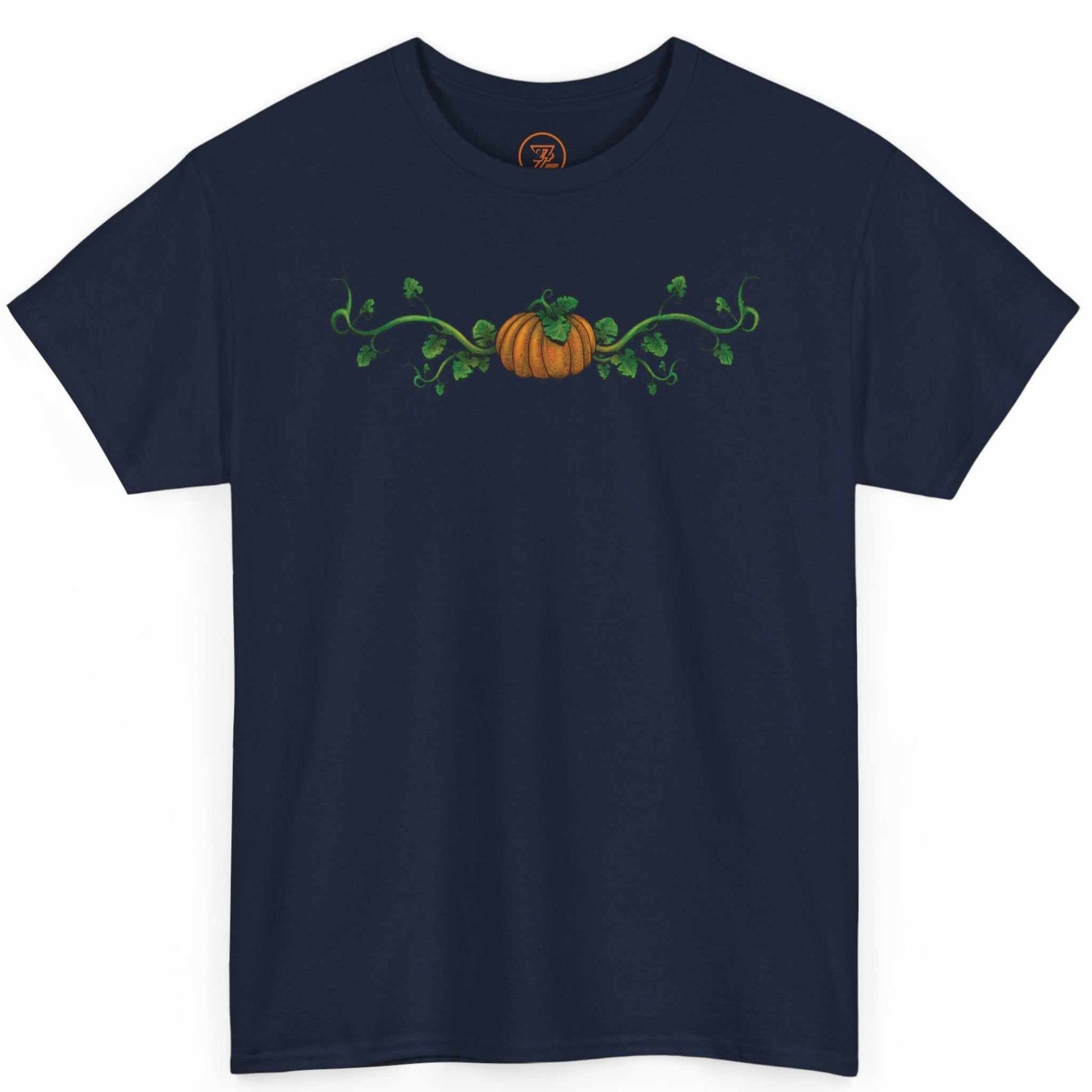Navy blue everyday wear shirt showcasing the horizontal pumpkin vine graphic.