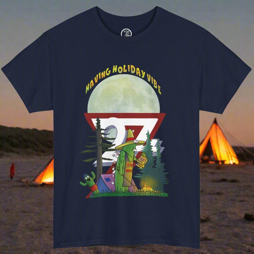 Navy blue graphic t-shirt displaying a hand-drawn camping scene of a cactus dad failing to roast marshmallows while his son cheers.