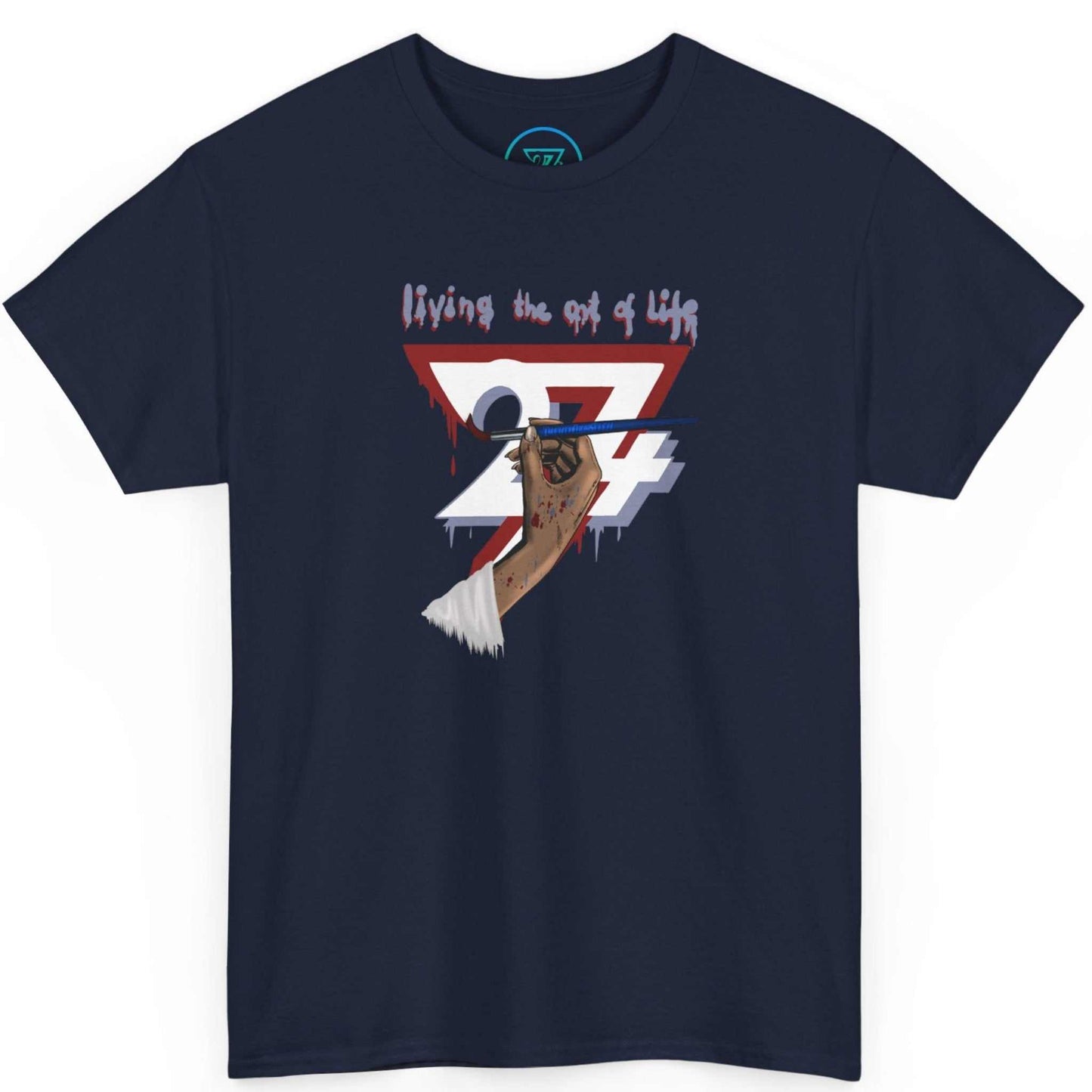 Deep navy blue female artist shirt highlighting the high-contrast art graphic, laid flat.