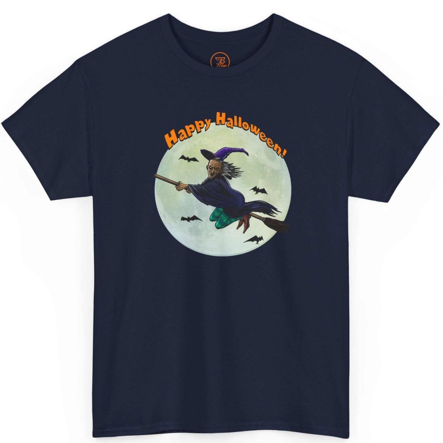 Solid navy blue festive adult tee displaying the zero-AI full moon and bat illustration.