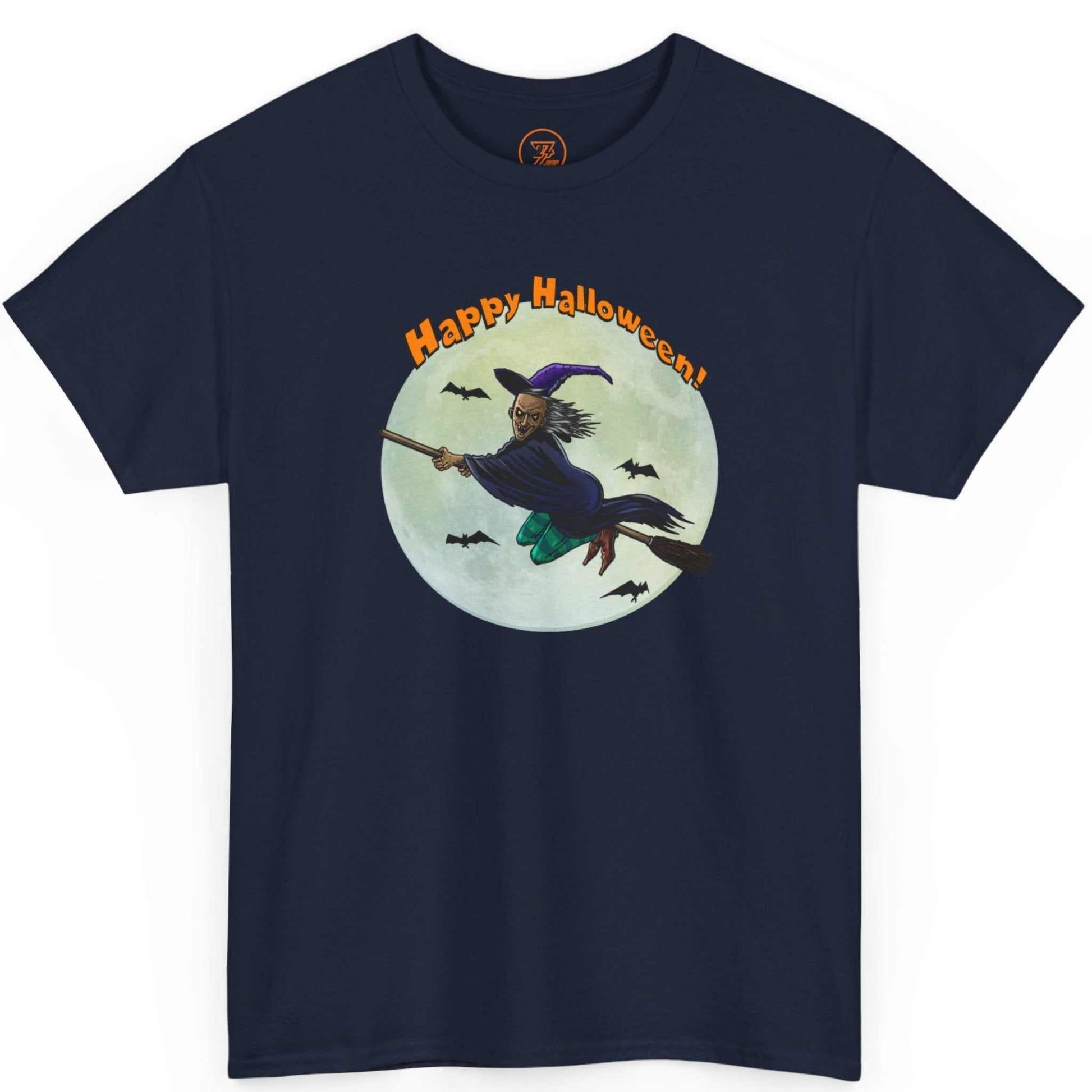 Solid navy blue festive adult tee displaying the zero-AI full moon and bat illustration.
