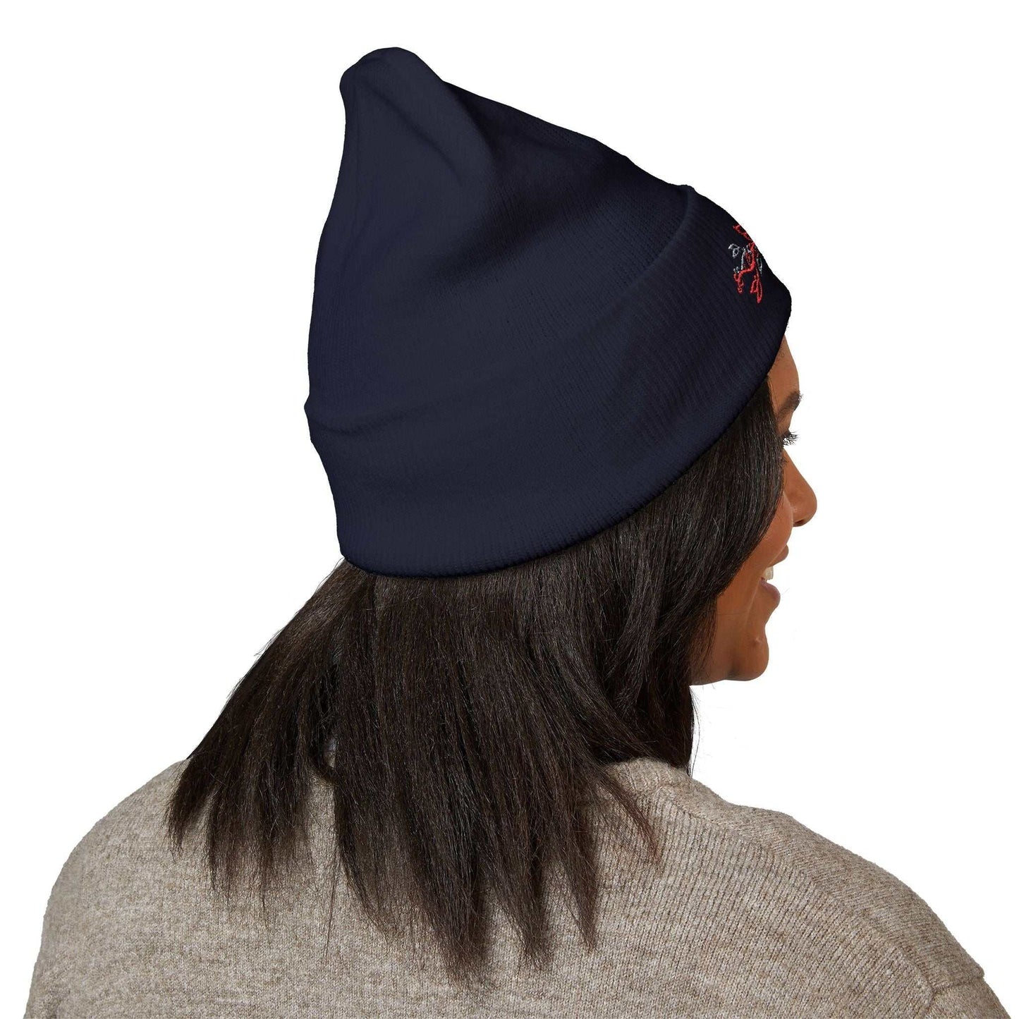 Back view of the navy 24/7 Unique Designs floral beanie