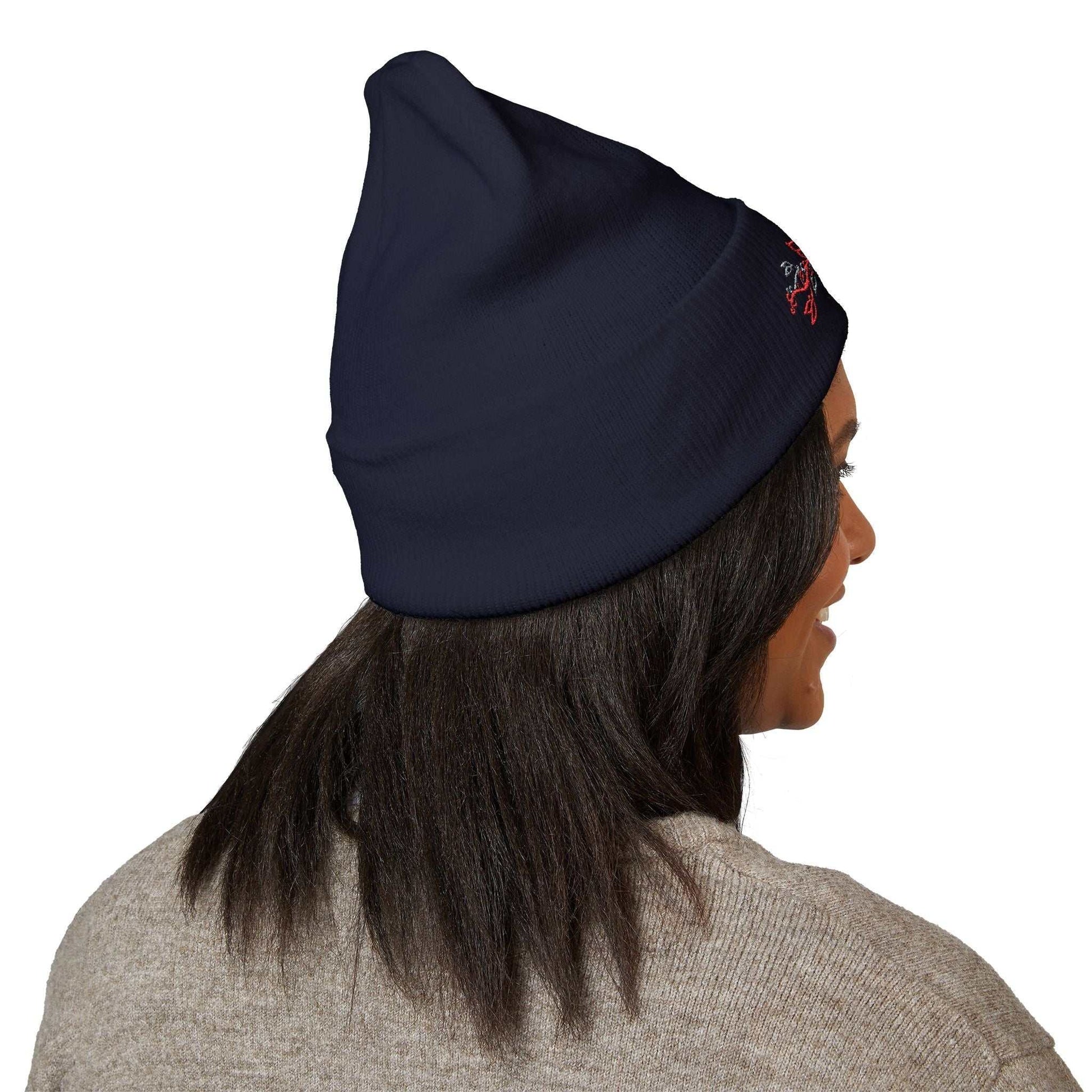 Back view of the navy 24/7 Unique Designs floral beanie