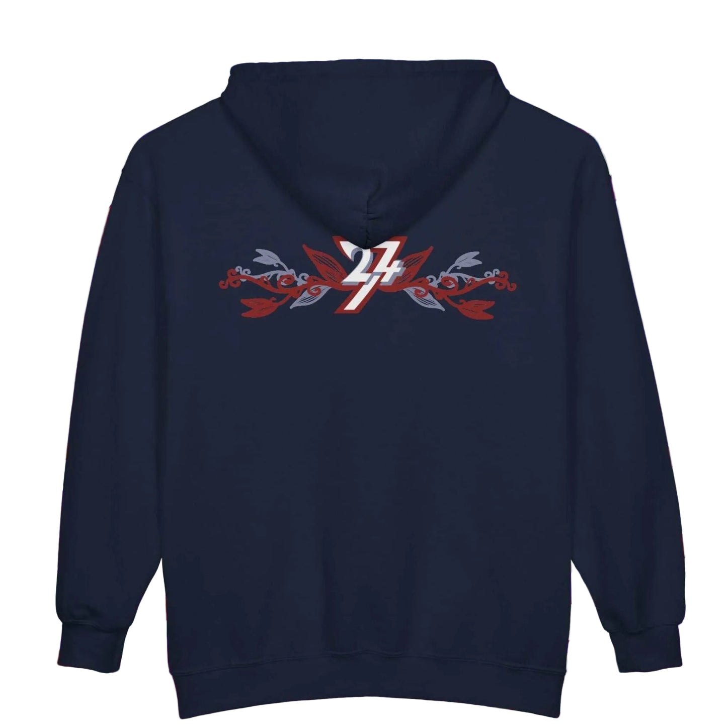 Back view of a navy blue botanical graphic sweatshirt showing a detailed floral vine design.