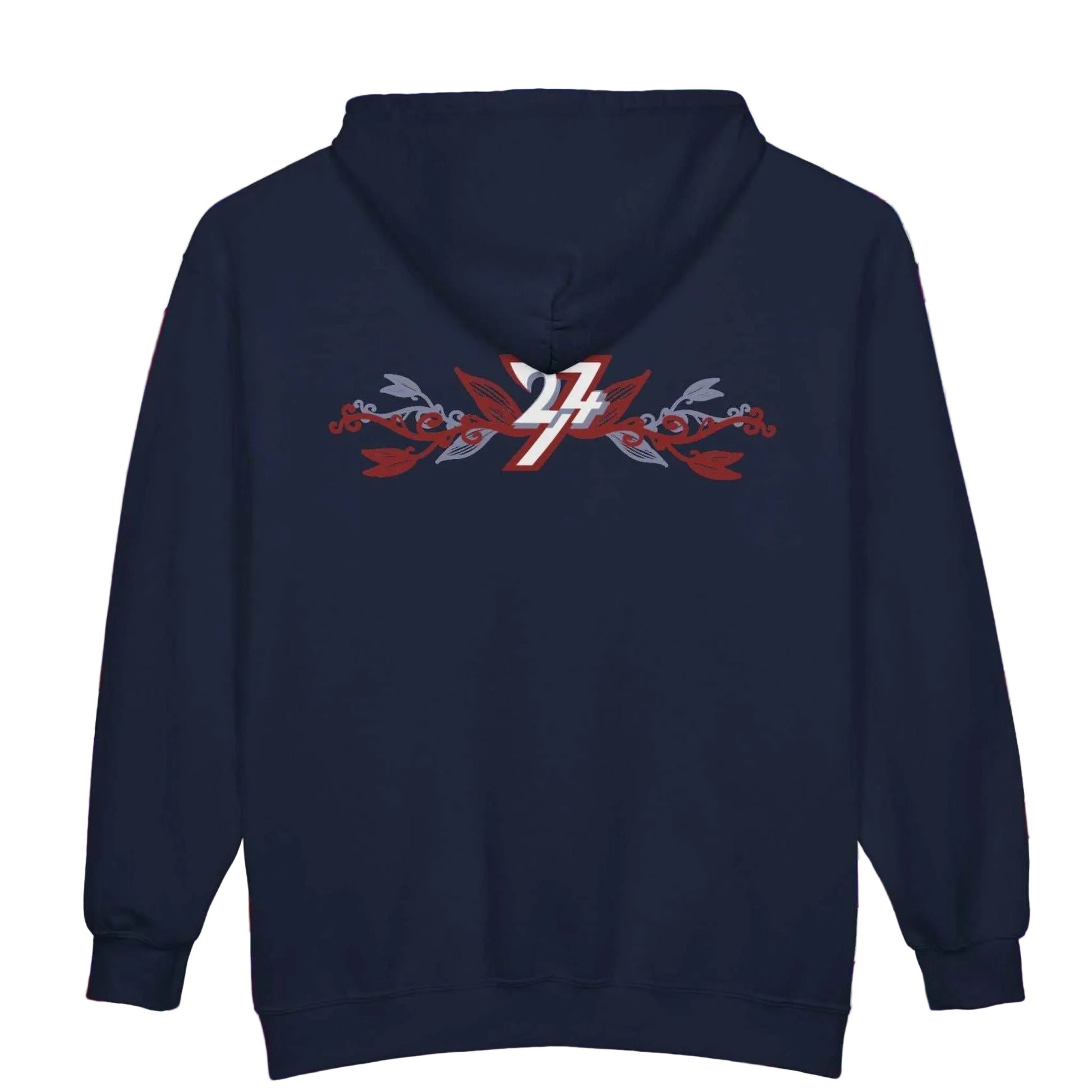 Back view of a navy blue botanical graphic sweatshirt showing a detailed floral vine design.
