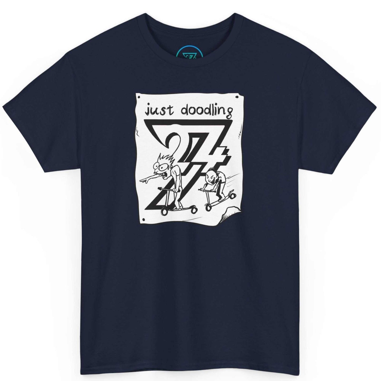 Deep navy blue funny cartoon scooter shirt showcasing the bold monochrome graphic, laid flat.
