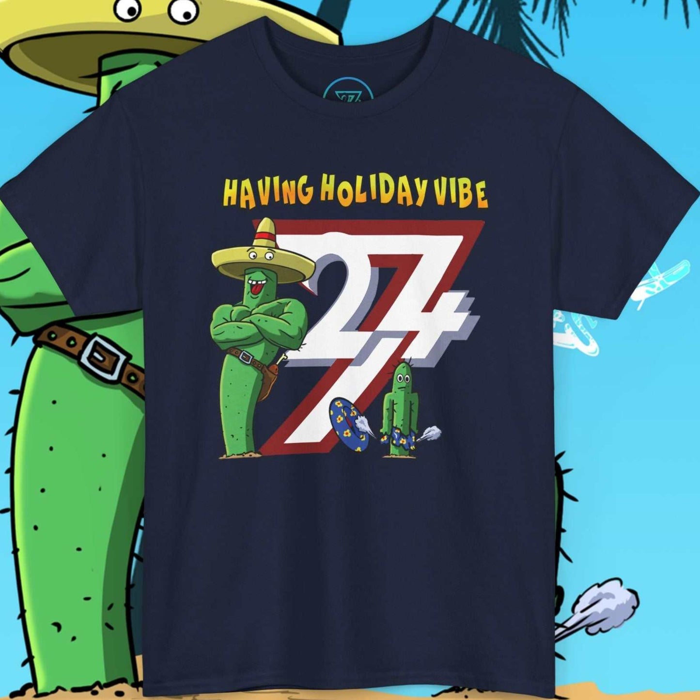 Navy blue dark graphic tee featuring a funny family vacation disaster illustration.