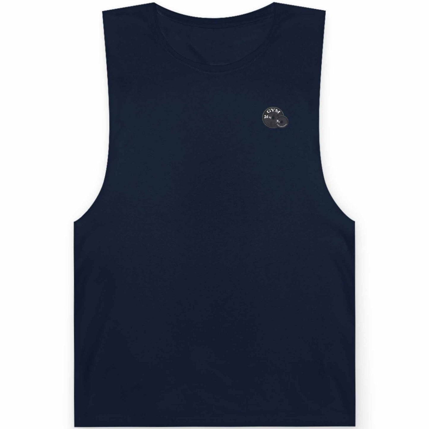 Front view of a deep navy blue funny lifting apparel tank top featuring the small chest print, shown on a clean background.