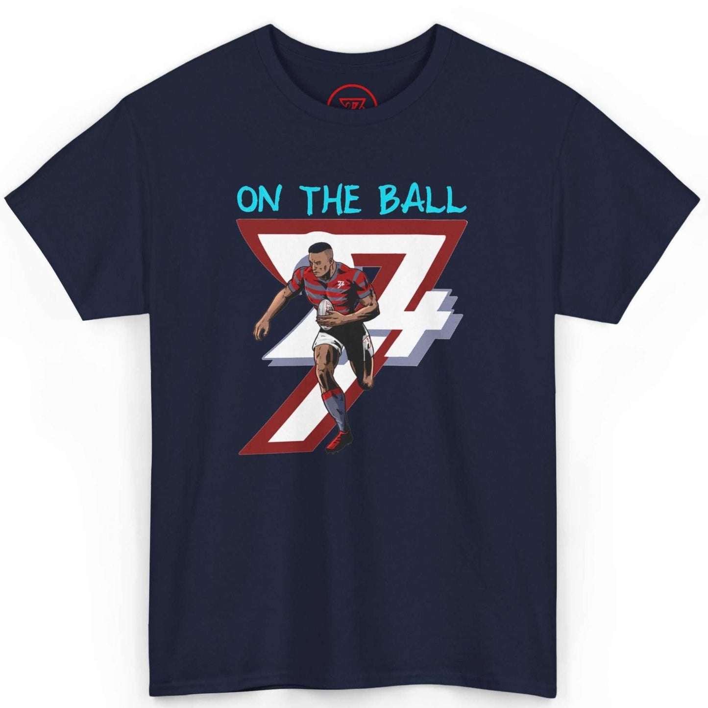 Front view of a deep navy blue game day apparel tee showcasing the hand-drawn rugby graphic, displayed on a clean background.