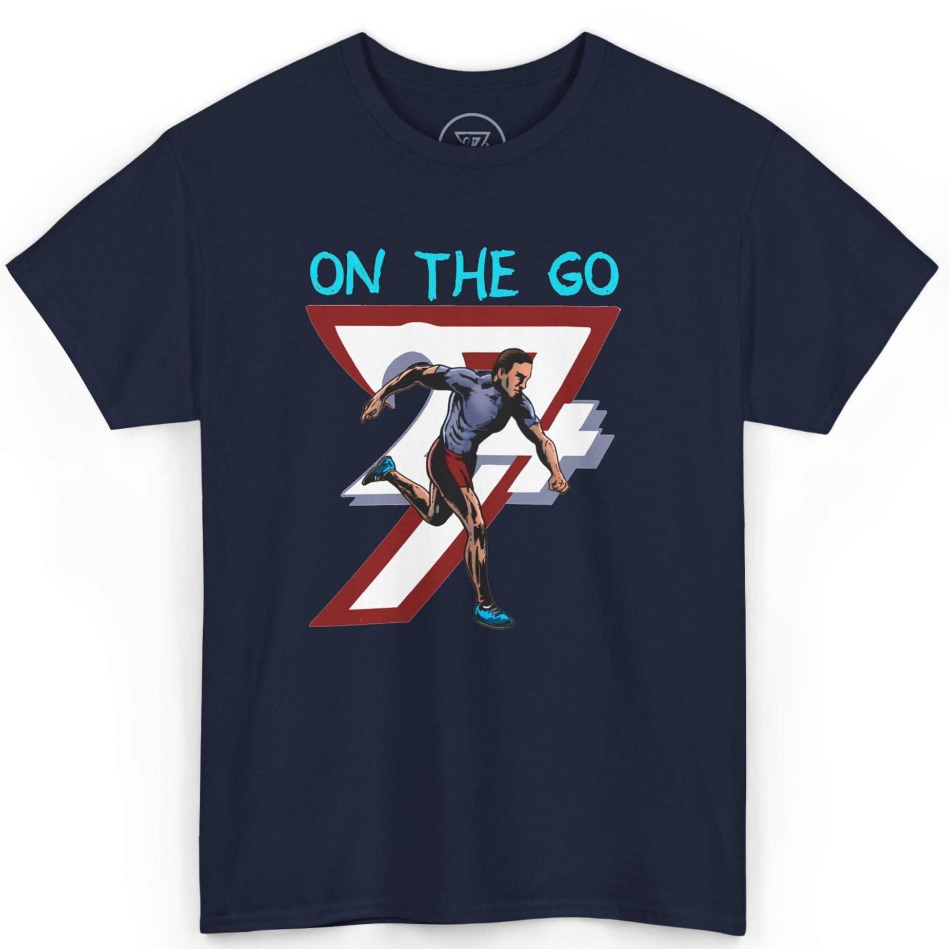 Front view of a deep navy blue hand-drawn graphic activewear tee highlighting the runner mid-stride, displayed on a clean background.