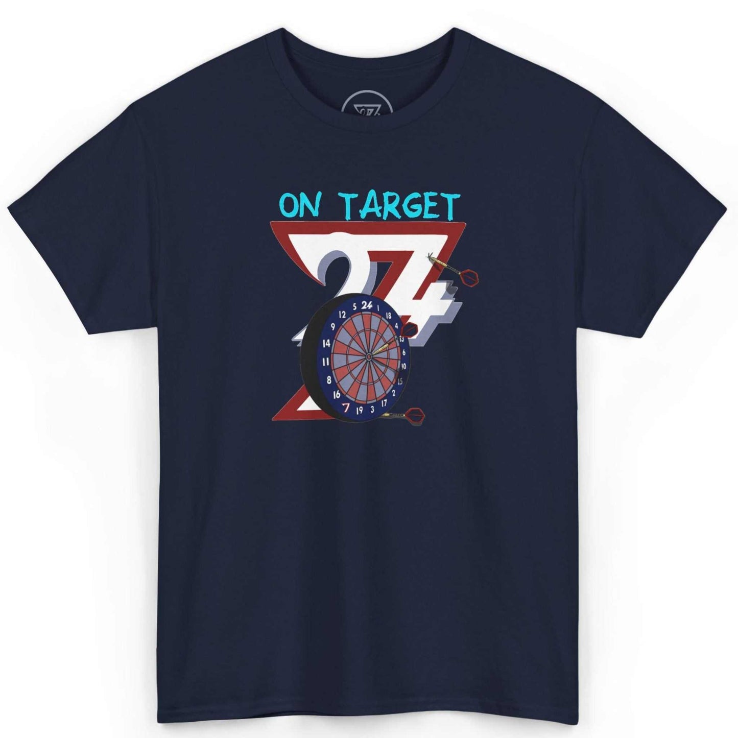 Front view of a deep navy blue hand-drawn pub game shirt showcasing the vibrant darts illustration, laid flat on a clean background.