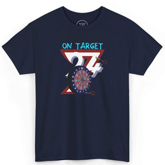 Front view of a deep navy blue hand-drawn pub game shirt showcasing the vibrant darts illustration, laid flat on a clean background.