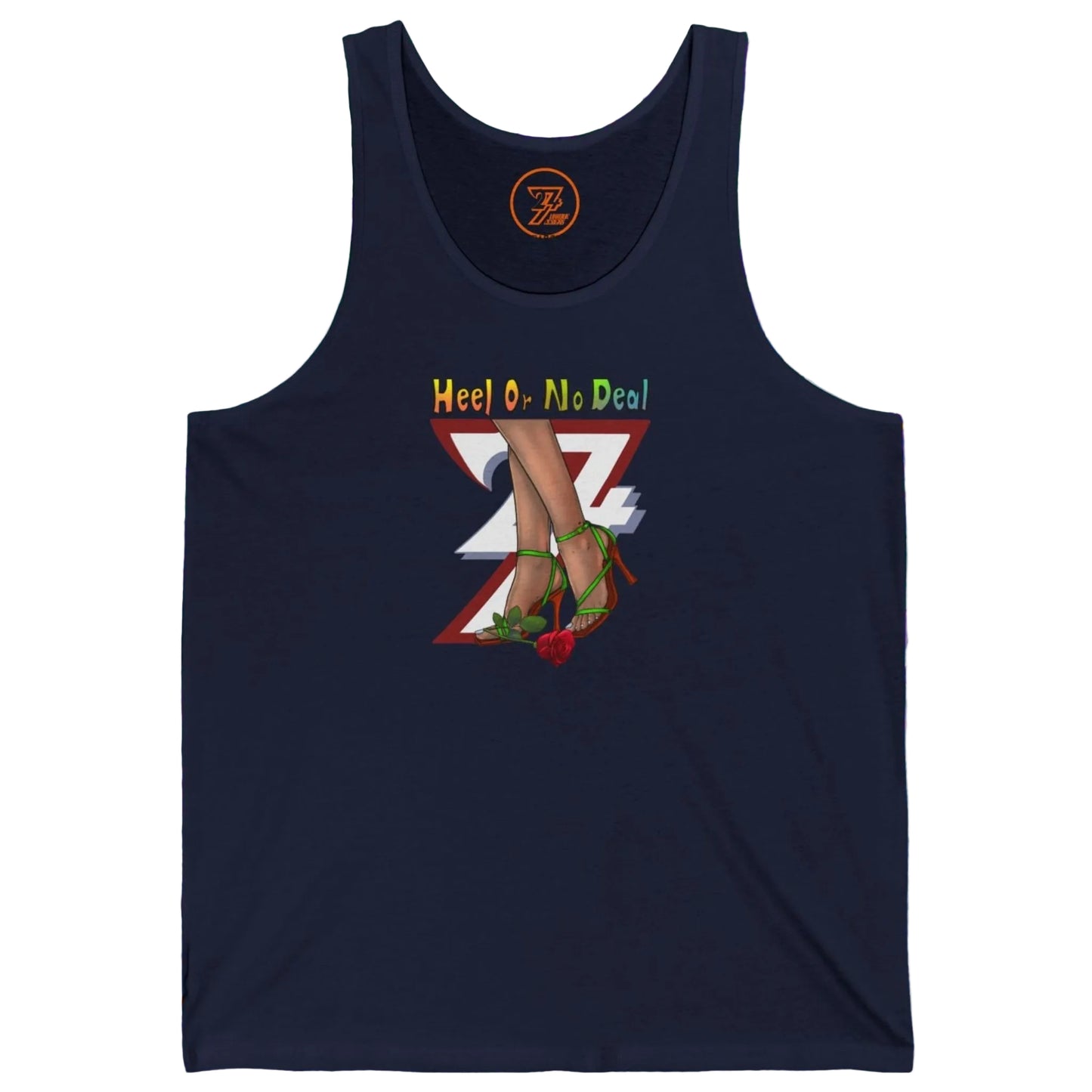 Dark navy blue hen party shirt for women with a stylish strappy shoe, text, and floral design.