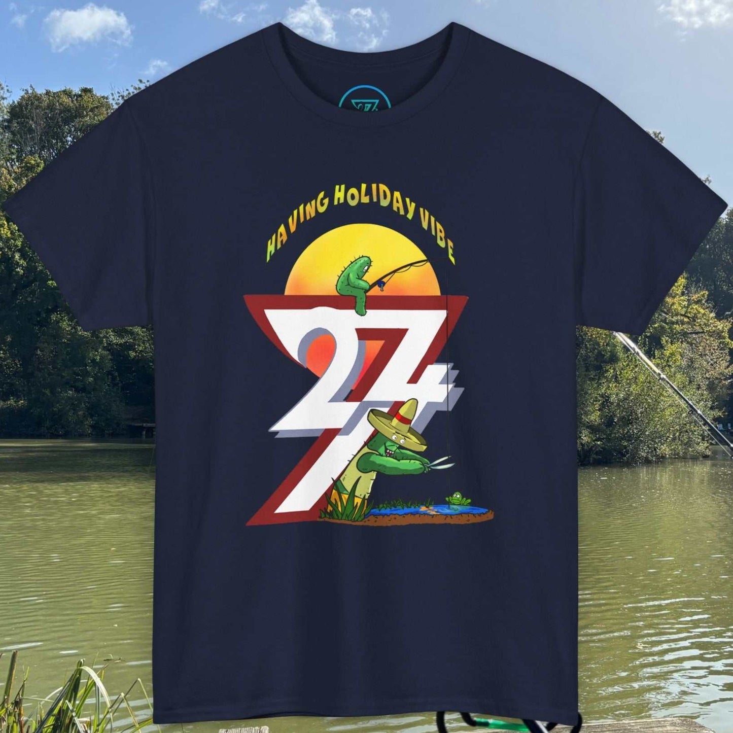 Navy blue dark graphic tee featuring a funny cactus line-cutting prank design.
