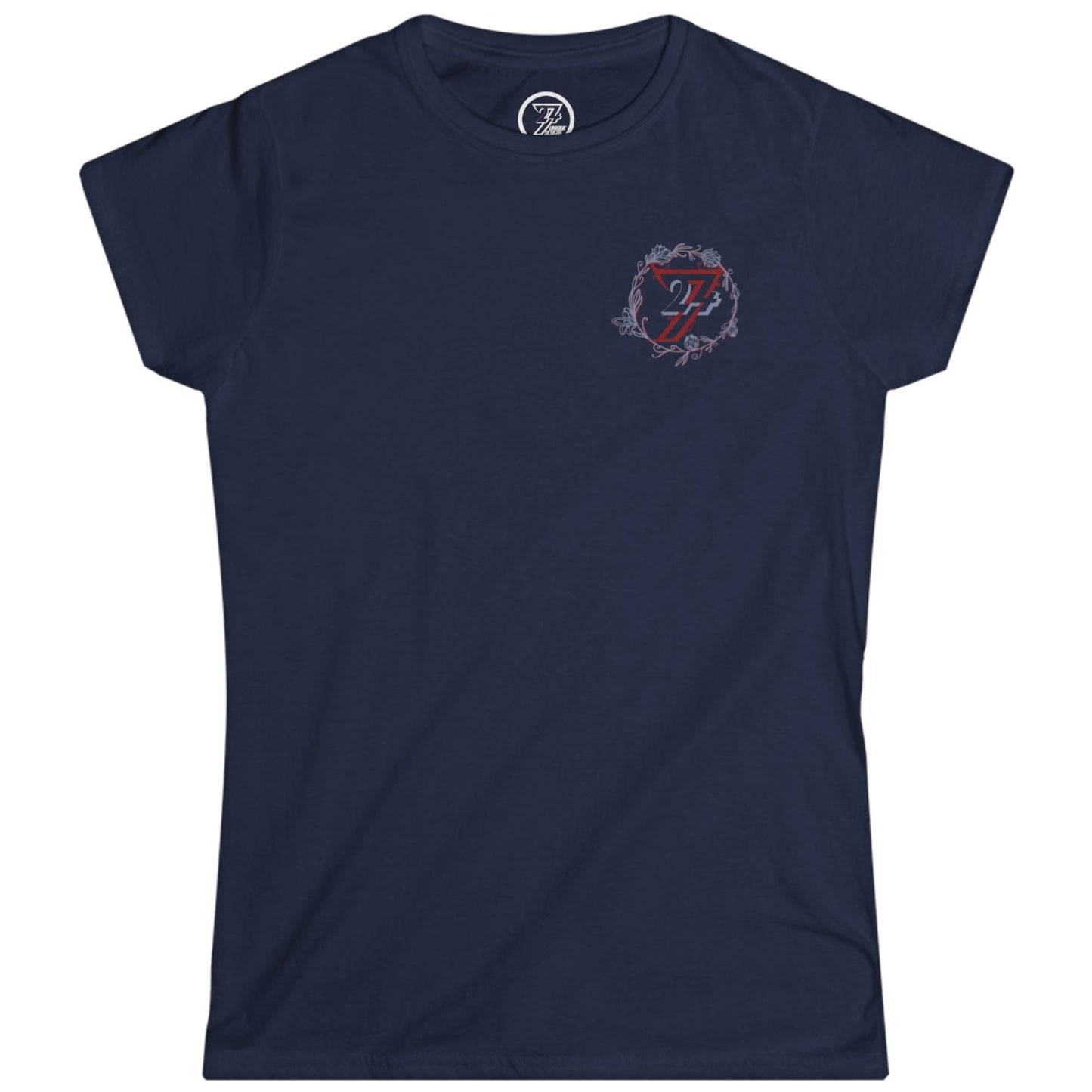 Dark navy blue classic fit women's tee with a small minimalist floral logo.