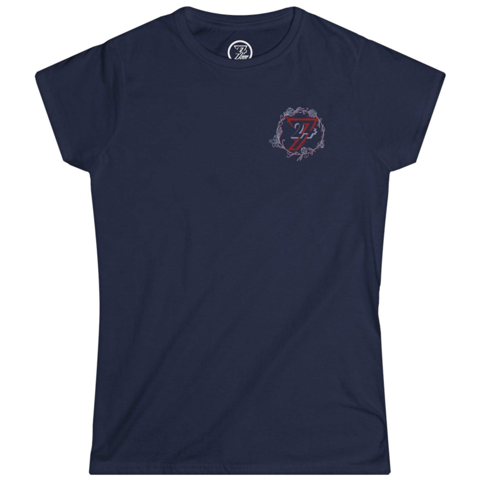 Dark navy blue classic fit women's tee with a small minimalist floral logo.
