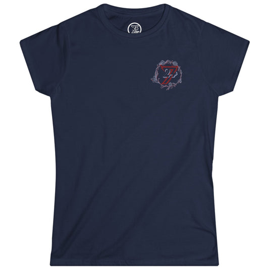 Dark navy blue classic fit women's tee with a small minimalist floral logo.