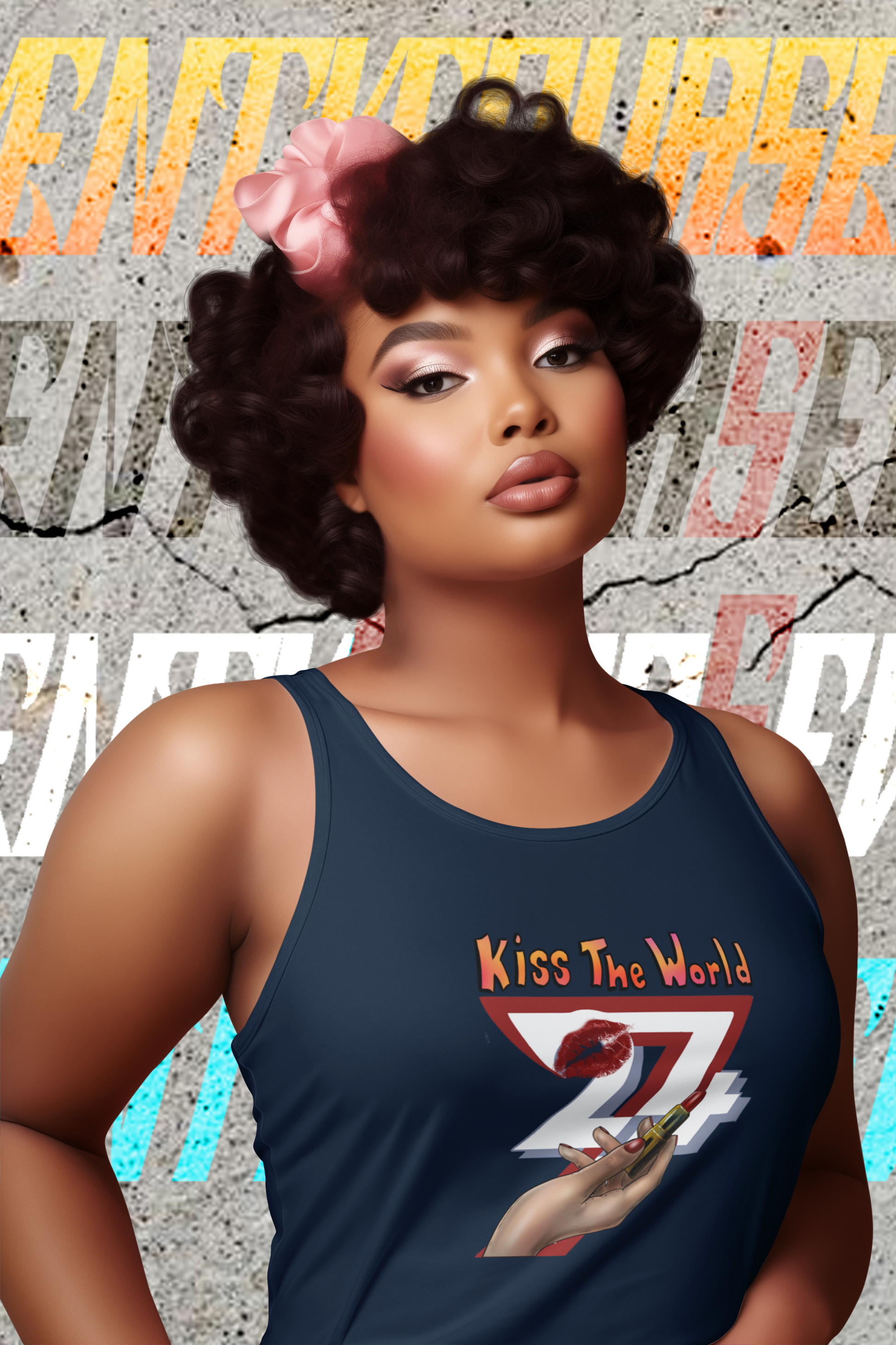 Woman modeling a dark navy blue relaxed fit tank top featuring a bold retro lipstick and kiss mark graphic.