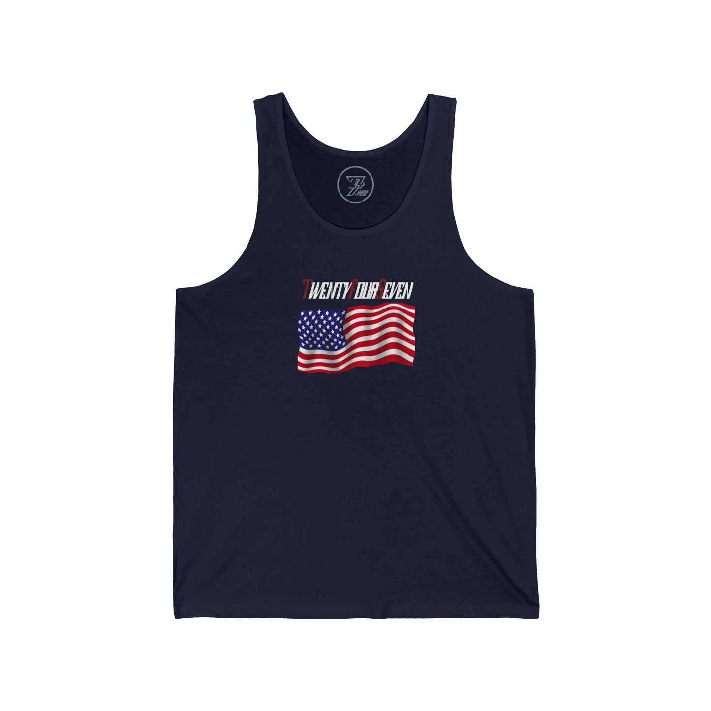 Dark navy blue women's patriotic shirt featuring the 24/7 brand script and waving flag design.