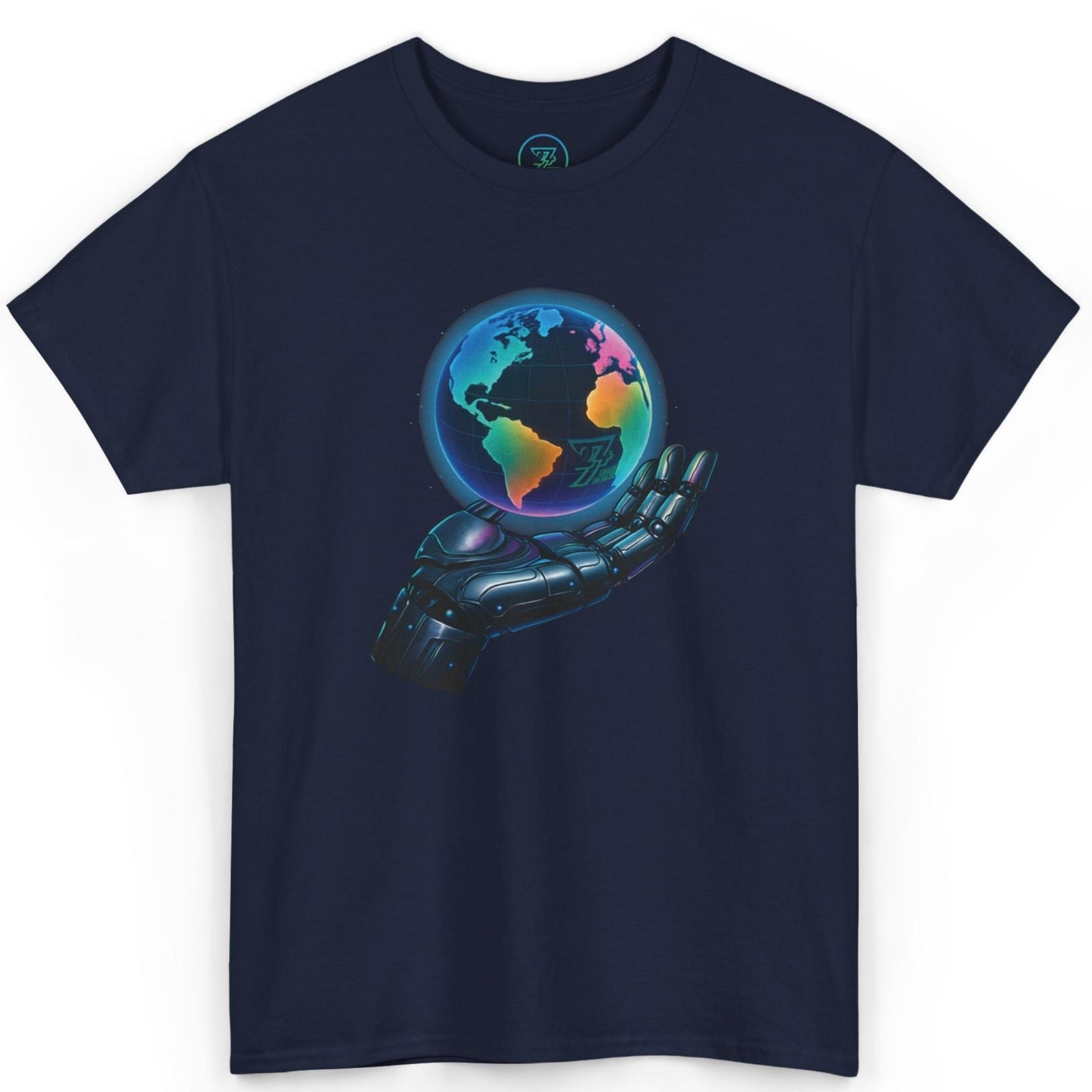 Navy blue premium futuristic apparel showcasing the zero-AI robot hand design.