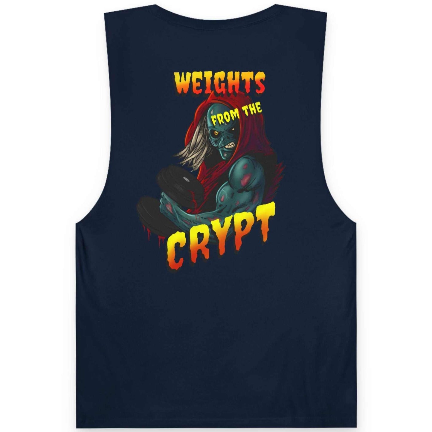 Back view of a navy blue raw cut gym shirt for men showcasing the bold retro comic panel art.