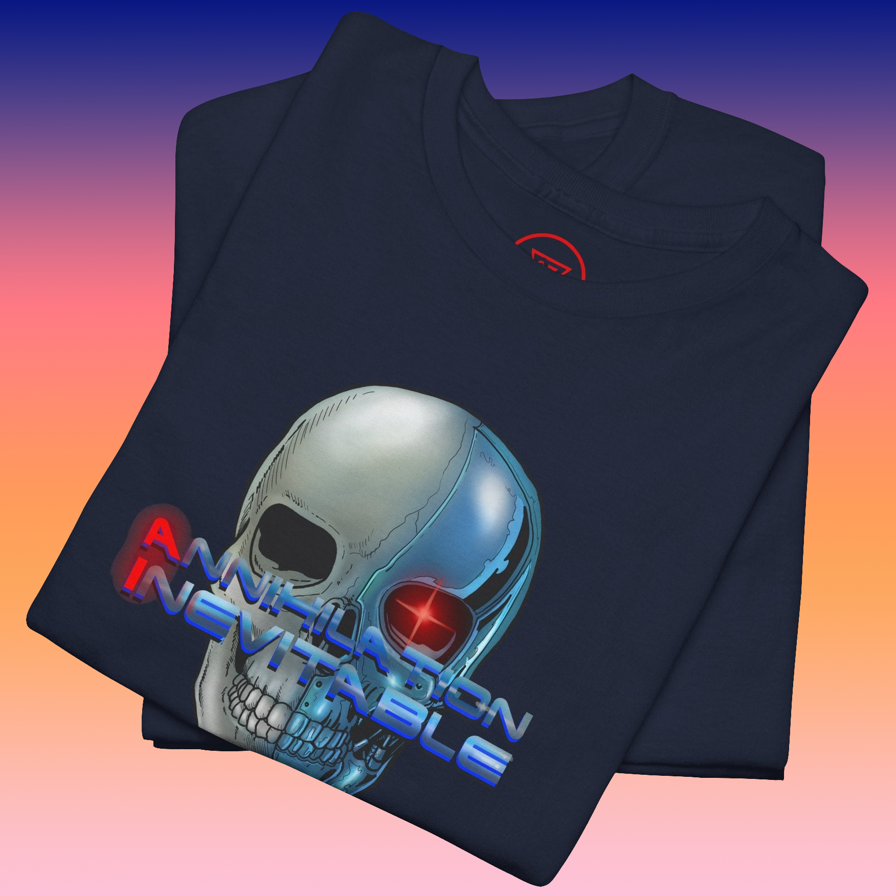 Zoomed in view of the sci-fi illustration and detailed line art on the navy blue cyborg t-shirt.