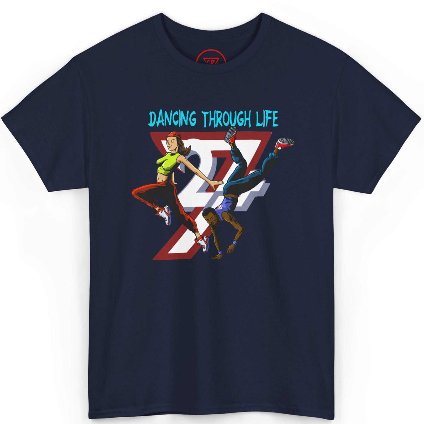 Front view of a deep navy blue street dance graphic t-shirt highlighting the hand-illustrated crew mid-move, displayed on a clean background.