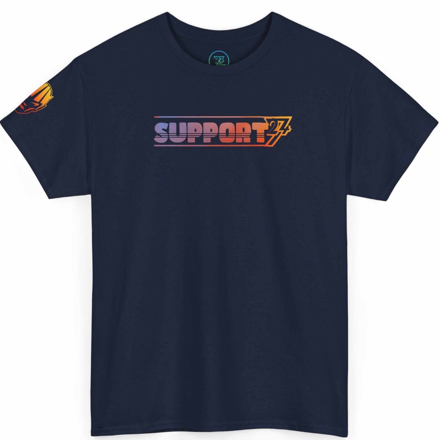 Flat lay of the navy blue tech support helpdesk tee with boutique human drawn art.