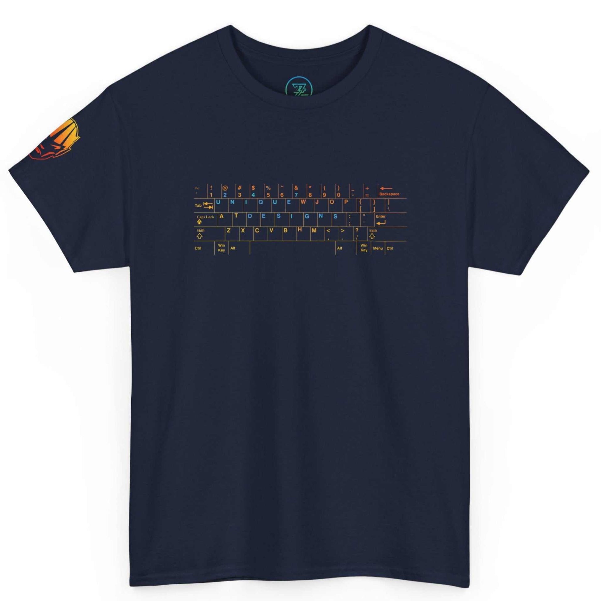 Solid navy blue tech support shirt displaying the hidden message keyboard design and sleeve hint.