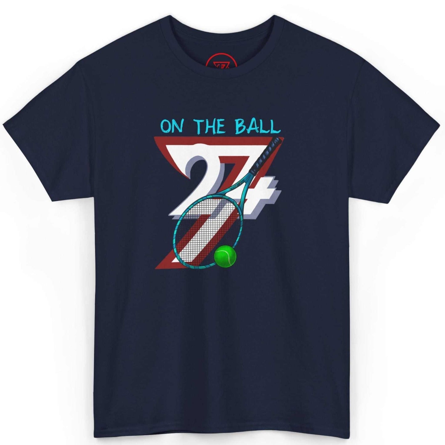 Front view of a deep navy blue tennis sport t-shirt displaying the vintage racket illustration, laid flat.