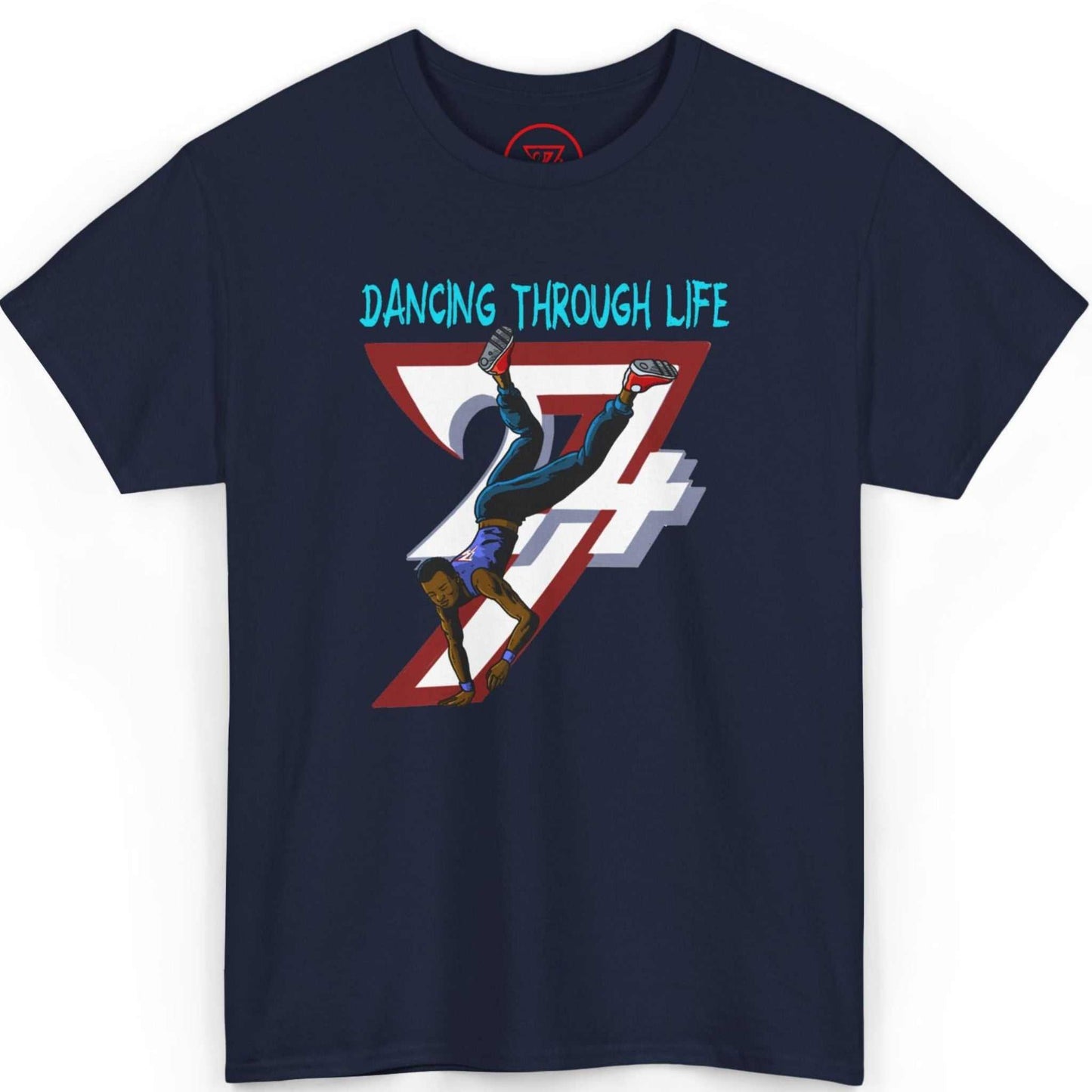 Front view of a deep navy blue urban streetwear t-shirt highlighting the b-boy freeze graphic, displayed on a clean background.