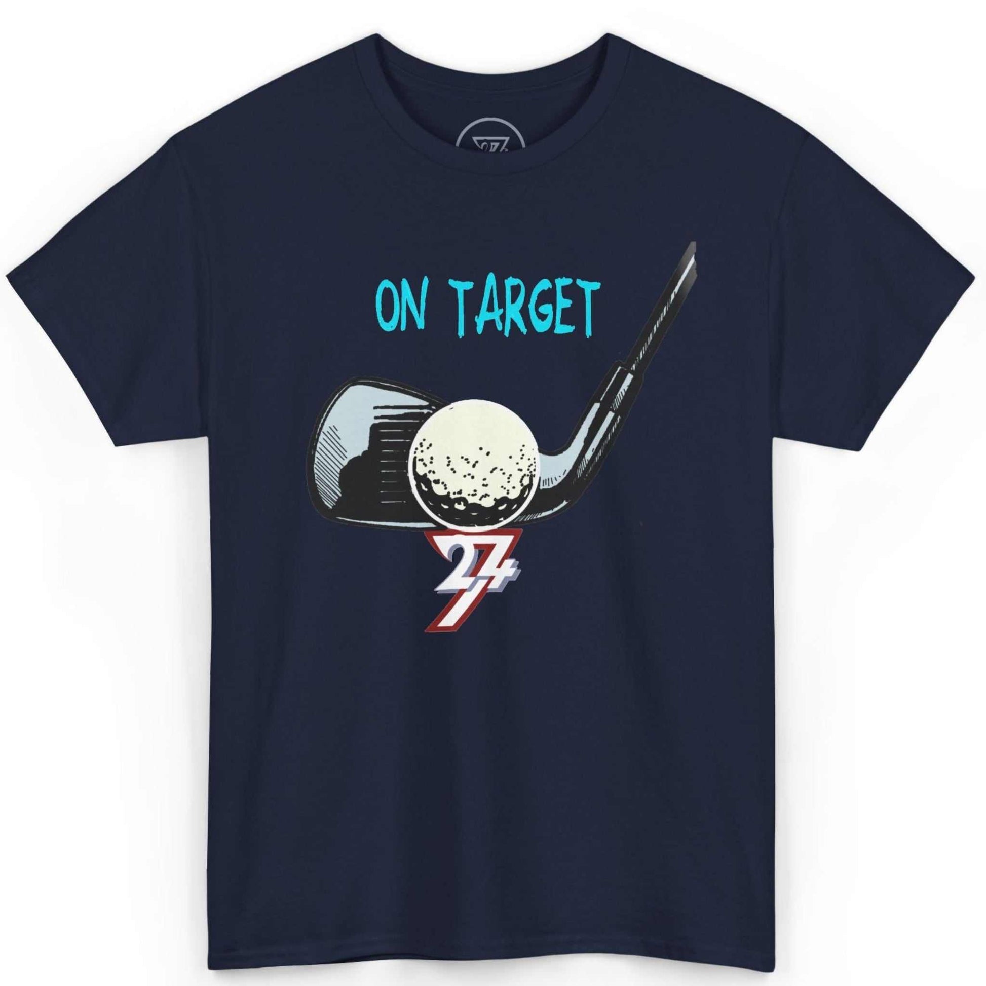 Front view of a deep navy blue vintage golf graphic tee showcasing the cheeky hand-drawn illustration, displayed on a clean background.