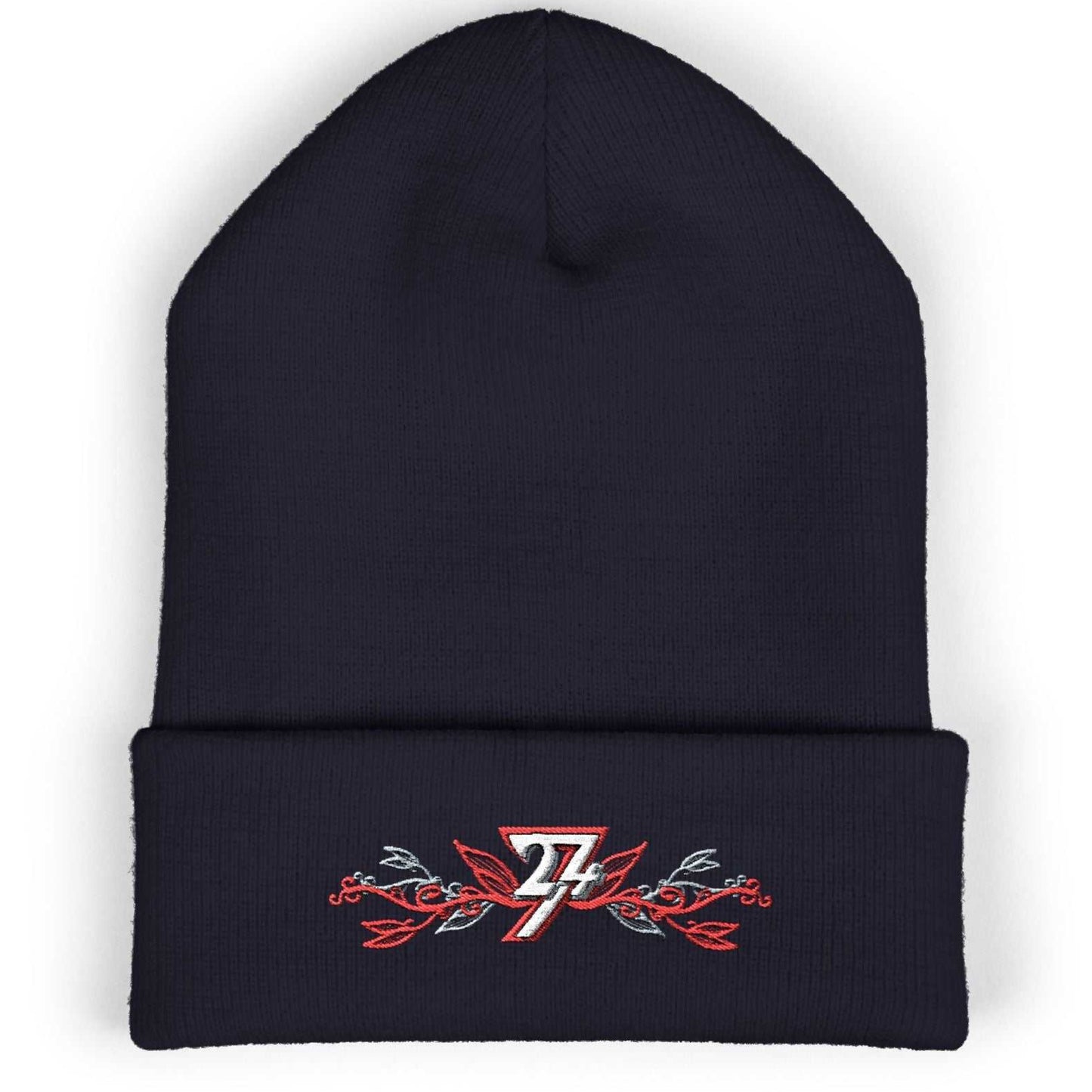 Deep navy blue women’s cuffed cap featuring the detailed boutique floral artwork and urban logo.