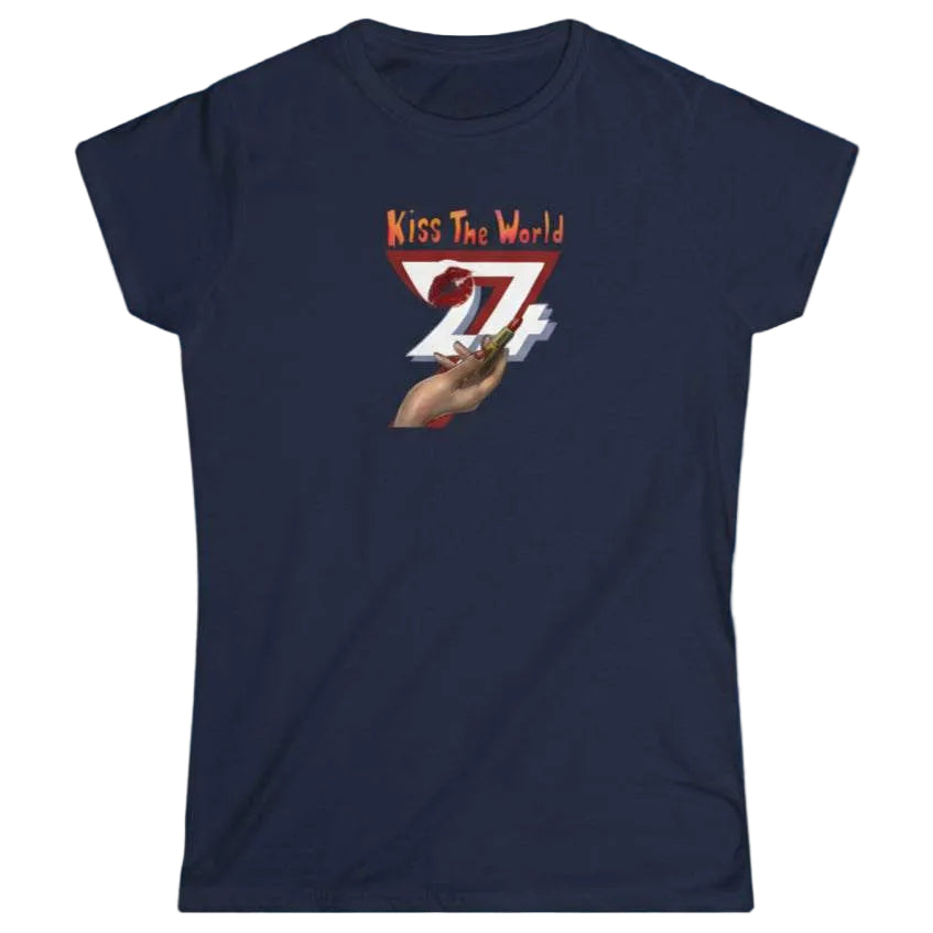 Deep navy blue women's everyday luxury cotton tee with the empowering boutique kiss design.