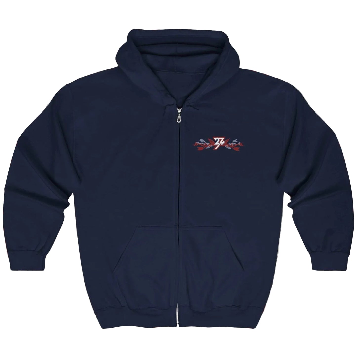 Front view of a navy blue women's zip-up jacket featuring a delicate floral logo on the chest.