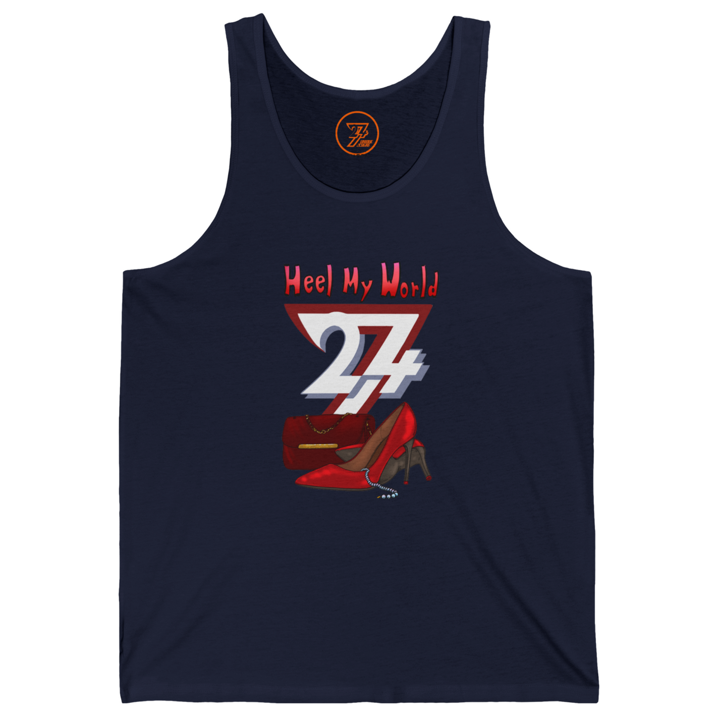 Dark navy blue women's shopping shirt with a stylish heel and jewelry print.