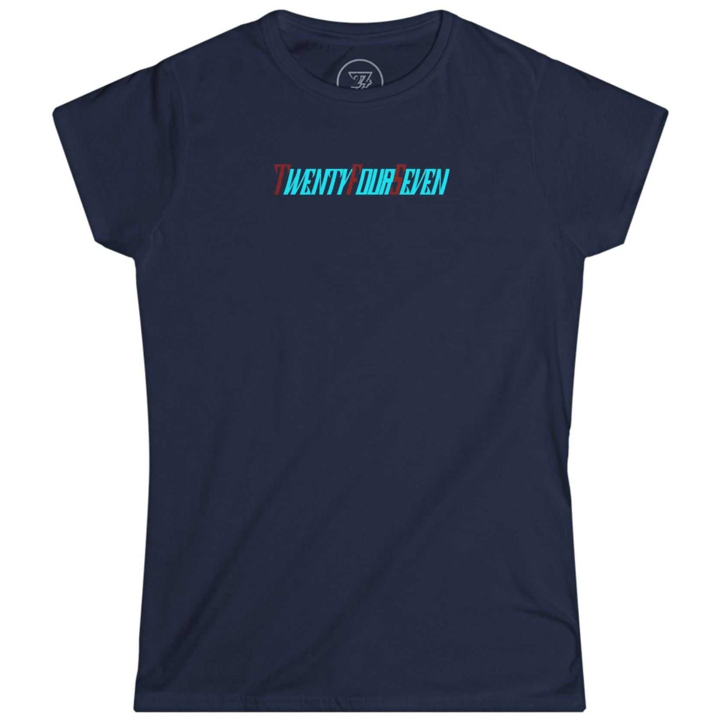 Deep navy blue classic fit women's top featuring the unique hand-drawn stylized company logo.